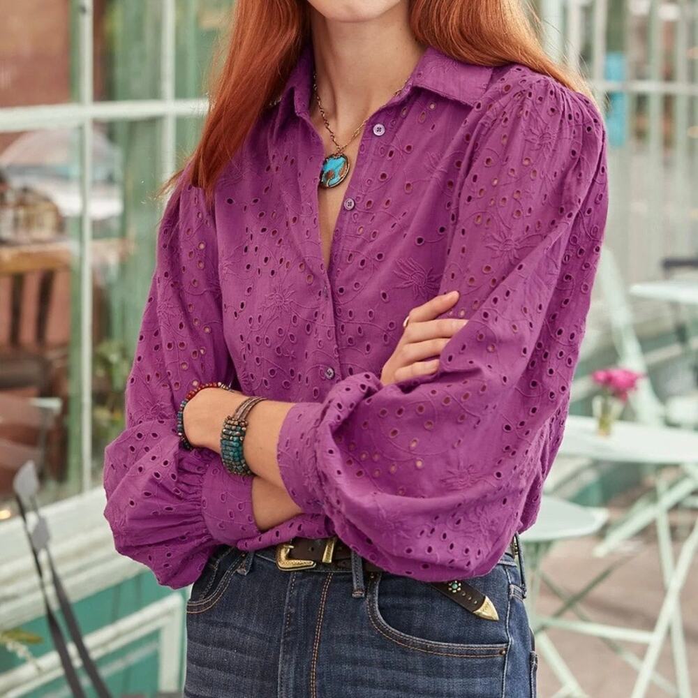 Sundance Women's Celestine Eyelet Button Down Top Large Magenta